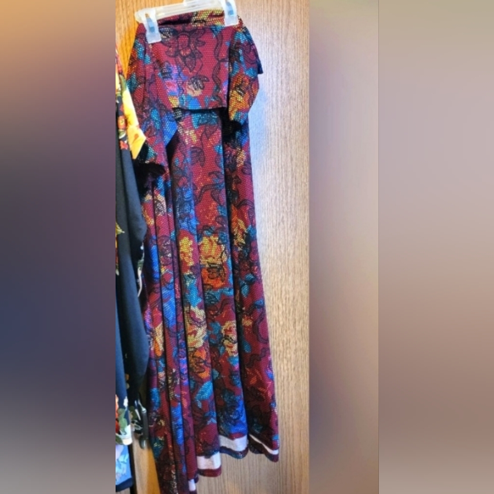✔️LulaRoe Maxi Skirt in Burgundy, Blue, Yellow Floral Embroidery-Look Print